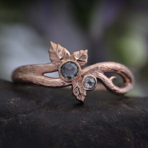 14K/18K Gold Nature Inspired Leaf Salt and Pepper Round Diamond Ring
