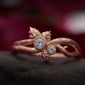 14K/18K Gold Nature Inspired Leaf Round Diamond Ring