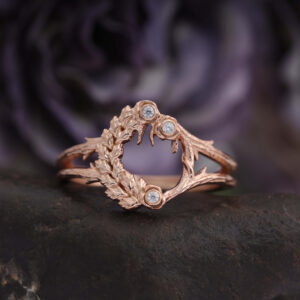 14K/18K Gold Unique Nature Inspired Leaf Three Stone Bezel Set Round Diamond Ring