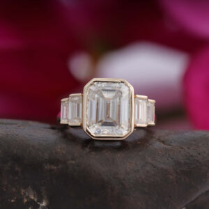 14K/18K Gold Bezel Set Emerald Cut Diamond Baguette Cut Side Stone Ring