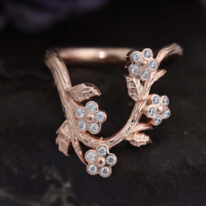 14k/18K Gold Unique Nature Inspired Leaf Bezel Set Round Diamond Cluster Ring