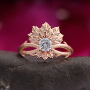14K/18K Gold Nature Inspired Leaf Solitaire Round Diamond Ring