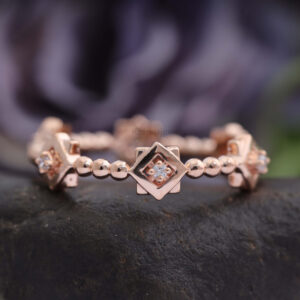 14K/18K Unique Alternative Square Round Diamond Gold Beaded Ring